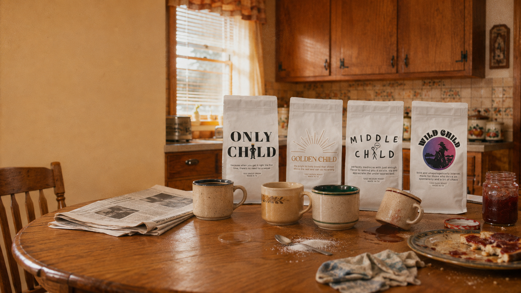 Four Sibling Rivalry Coffee bags on a lived-in 1980s family breakfast table