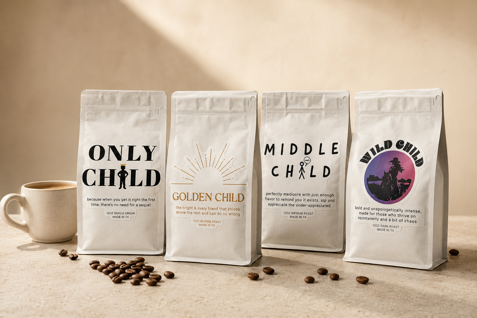 Only Child, Wild Child, Middle Child, and Golden Child coffee bags together