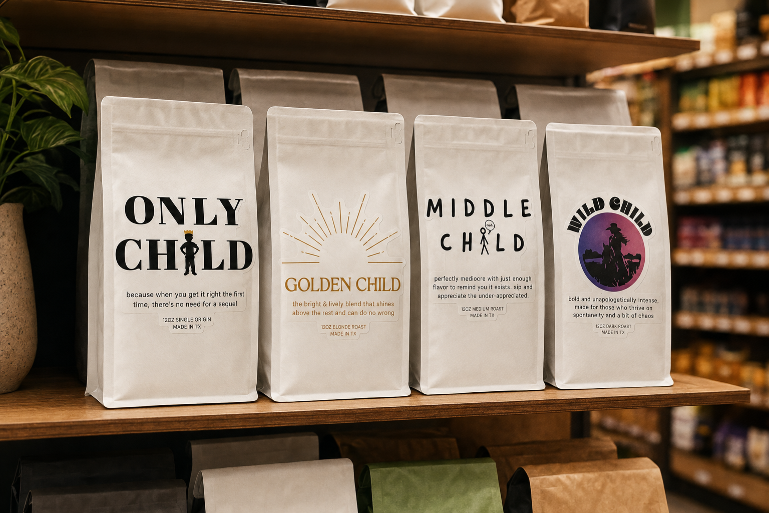 Only Child, Golden Child, Middle Child, and Wild Child coffee bags displayed together on a grocery aisle shelf
